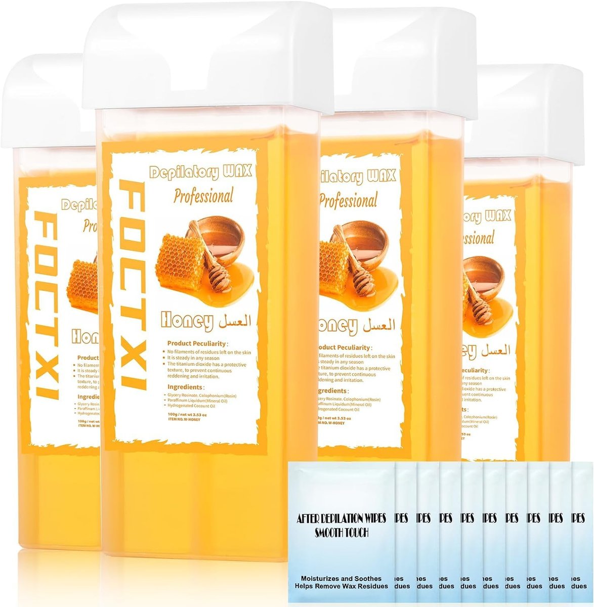 FOCTXI Wax Roller Kit - Roll On Wax for Hair Removal with 4 Honey Wax Cartridges & 10 Cleaning Oil Wipes Avelisse