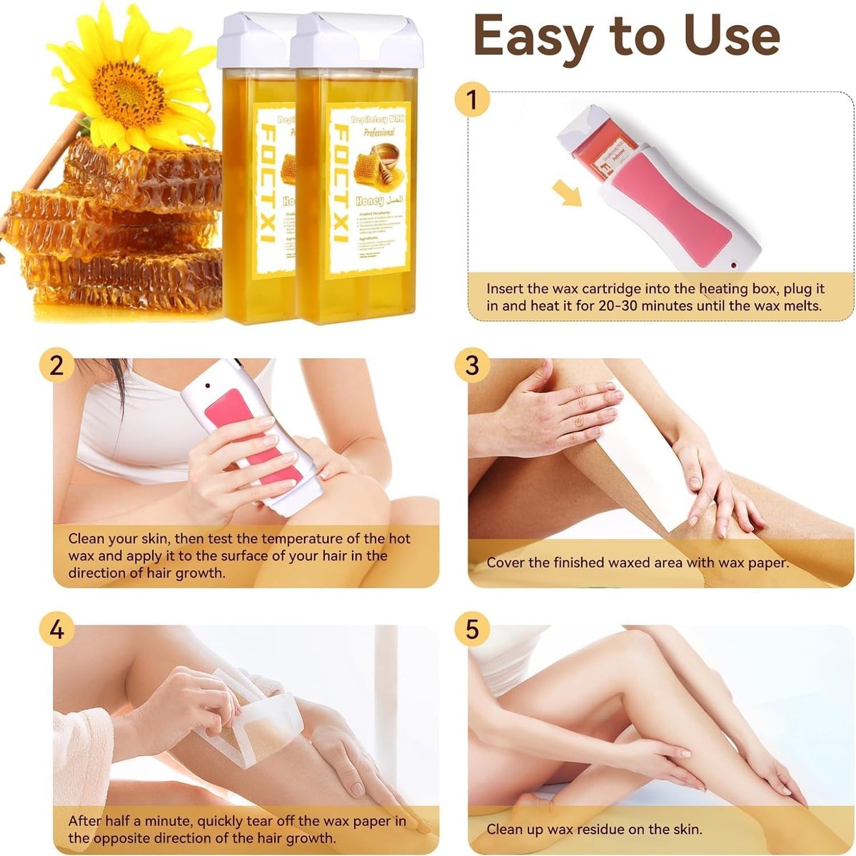 FOCTXI Wax Roller Kit - Roll On Wax for Hair Removal with 4 Honey Wax Cartridges & 10 Cleaning Oil Wipes Avelisse