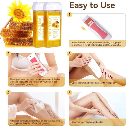 FOCTXI Wax Roller Kit - Roll On Wax for Hair Removal with 4 Honey Wax Cartridges & 10 Cleaning Oil Wipes Avelisse