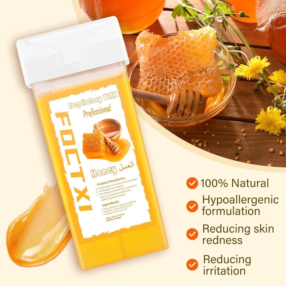 FOCTXI Wax Roller Kit - Roll On Wax for Hair Removal with 4 Honey Wax Cartridges & 10 Cleaning Oil Wipes Avelisse