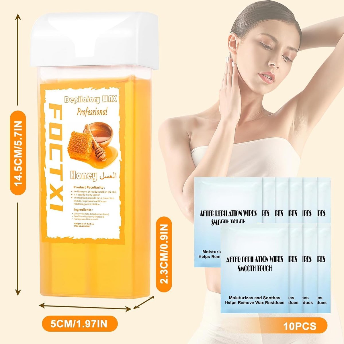 FOCTXI Wax Roller Kit - Roll On Wax for Hair Removal with 4 Honey Wax Cartridges & 10 Cleaning Oil Wipes Avelisse