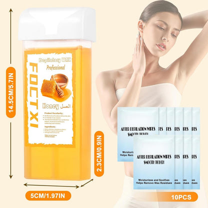 FOCTXI Wax Roller Kit - Roll On Wax for Hair Removal with 4 Honey Wax Cartridges & 10 Cleaning Oil Wipes Avelisse