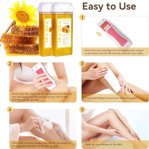 FOCTXI Wax Roller Kit - Roll On Wax for Hair Removal with 4 Honey Wax Cartridges & 10 Cleaning Oil Wipes Avelisse