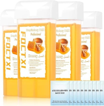 FOCTXI Wax Roller Kit - Roll On Wax for Hair Removal with 4 Honey Wax Cartridges & 10 Cleaning Oil Wipes Avelisse
