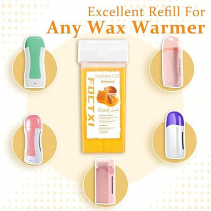 FOCTXI Wax Roller Kit - Roll On Wax for Hair Removal with 4 Honey Wax Cartridges & 10 Cleaning Oil Wipes Avelisse