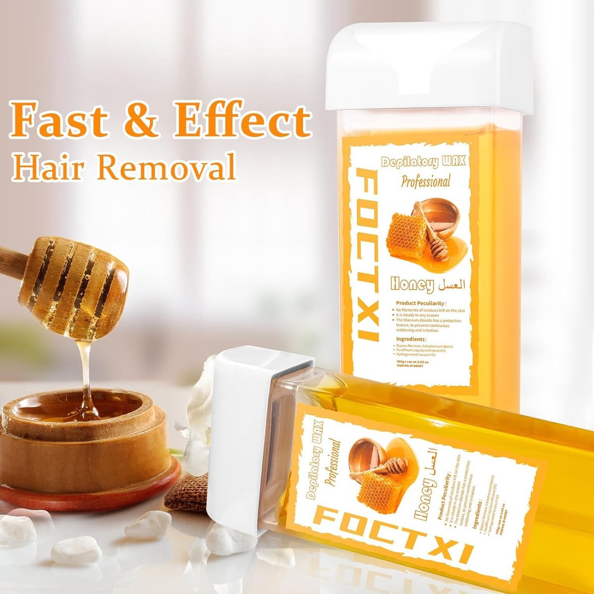 FOCTXI Wax Roller Kit - Roll On Wax for Hair Removal with 4 Honey Wax Cartridges & 10 Cleaning Oil Wipes Avelisse