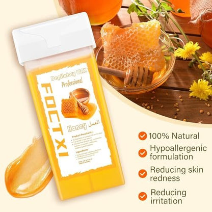 FOCTXI Wax Roller Kit - Roll On Wax for Hair Removal with 4 Honey Wax Cartridges & 10 Cleaning Oil Wipes Avelisse