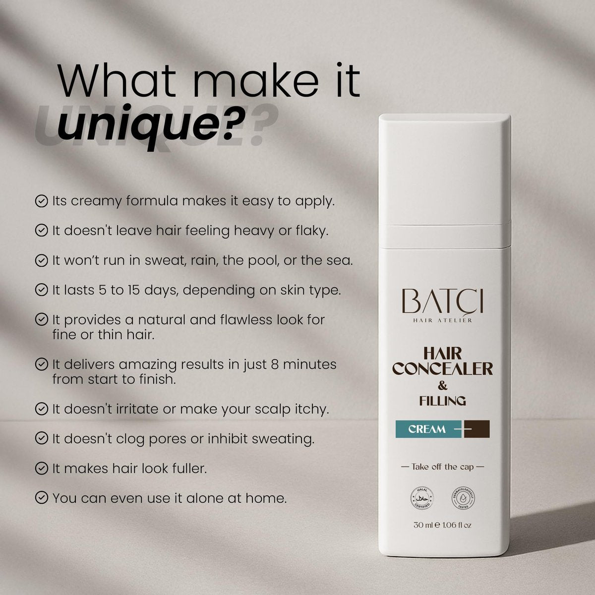 Batci Hair Concealer Cream for Thinning Hair & Bald Spots - Non-Fiber Scalp Concealer Root Touch-Up for Men & Women, Sweat/Water Resistant, One Shade for Black Brown & Grey Hair 1 fl oz (30ml) Avelisse
