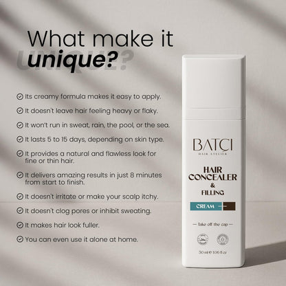 Batci Hair Concealer Cream for Thinning Hair & Bald Spots - Non-Fiber Scalp Concealer Root Touch-Up for Men & Women, Sweat/Water Resistant, One Shade for Black Brown & Grey Hair 1 fl oz (30ml) Avelisse