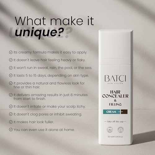 Batci Hair Concealer Cream for Thinning Hair & Bald Spots - Non-Fiber Scalp Concealer Root Touch-Up for Men & Women, Sweat/Water Resistant, One Shade for Black Brown & Grey Hair 1 fl oz (30ml) Avelisse