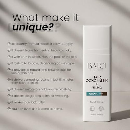 Batci Hair Concealer Cream for Thinning Hair & Bald Spots - Non-Fiber Scalp Concealer Root Touch-Up for Men & Women, Sweat/Water Resistant, One Shade for Black Brown & Grey Hair 1 fl oz (30ml) Avelisse