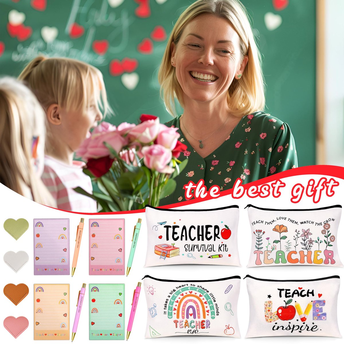 Teacher Appreciation Gifts Bulk (16-Pack) – Survival Kit with Makeup Bags, Bookmarks, Notepad & Pens for Women – Christmas & Valentines Day Gifts Avelisse