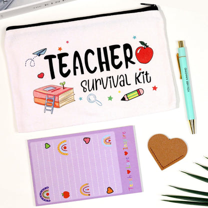 Teacher Appreciation Gifts Bulk (16-Pack) – Survival Kit with Makeup Bags, Bookmarks, Notepad & Pens for Women – Christmas & Valentines Day Gifts Avelisse