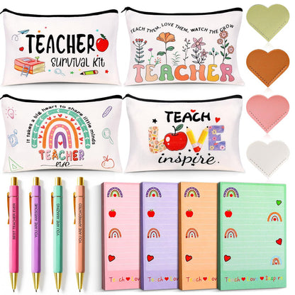 Teacher Appreciation Gifts Bulk (16-Pack) – Survival Kit with Makeup Bags, Bookmarks, Notepad & Pens for Women – Christmas & Valentines Day Gifts Avelisse