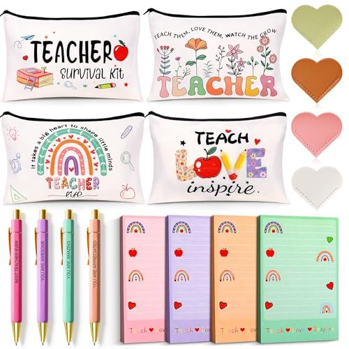 Teacher Appreciation Gifts Bulk (16-Pack) – Survival Kit with Makeup Bags, Bookmarks, Notepad & Pens for Women – Christmas & Valentines Day Gifts Avelisse
