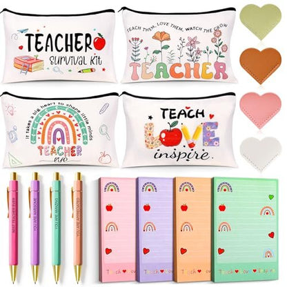 Teacher Appreciation Gifts Bulk (16-Pack) – Survival Kit with Makeup Bags, Bookmarks, Notepad & Pens for Women – Christmas & Valentines Day Gifts Avelisse