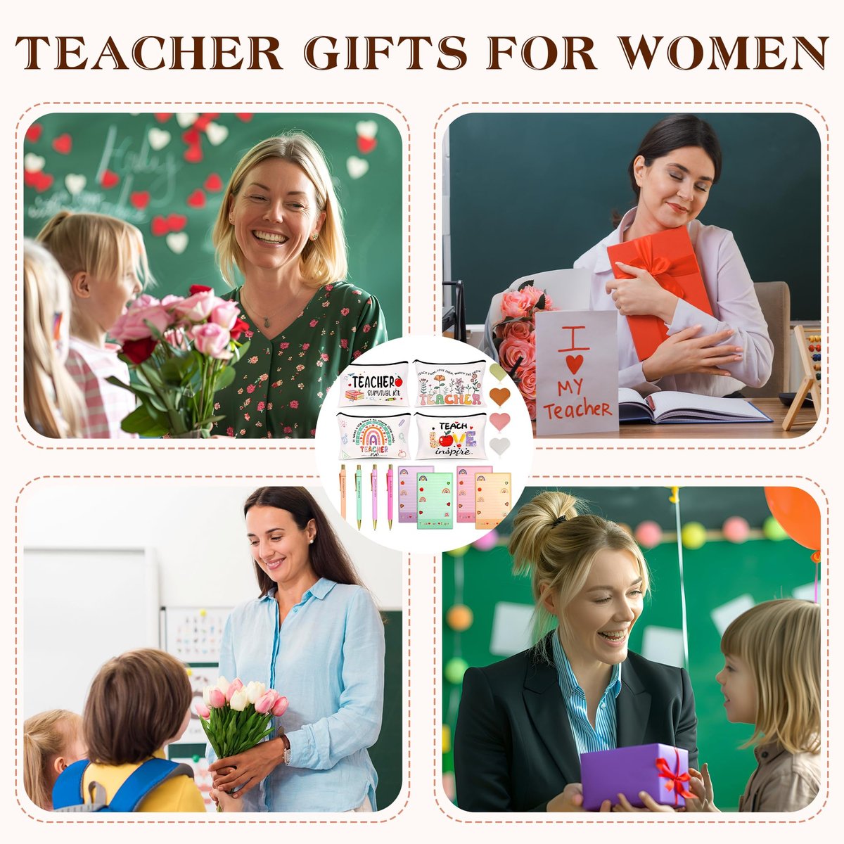 Teacher Appreciation Gifts Bulk (16-Pack) – Survival Kit with Makeup Bags, Bookmarks, Notepad & Pens for Women – Christmas & Valentines Day Gifts Avelisse