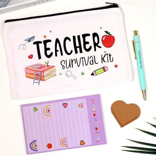 Teacher Appreciation Gifts Bulk (16-Pack) – Survival Kit with Makeup Bags, Bookmarks, Notepad & Pens for Women – Christmas & Valentines Day Gifts Avelisse