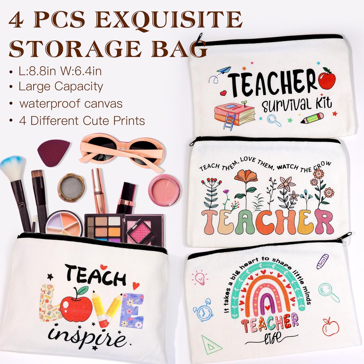 Teacher Appreciation Gifts Bulk (16-Pack) – Survival Kit with Makeup Bags, Bookmarks, Notepad & Pens for Women – Christmas & Valentines Day Gifts Avelisse