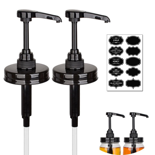 2 Pack Mason Jar Syrup Dispenser Pump Lids - Black Plastic Pumps for Regular Mouth Mason Jars, Rust Proof Coffee Syrup Dispensers, Honey Dispenser Pump