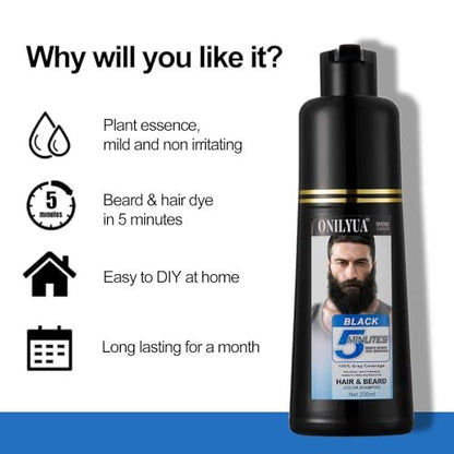 Men's Black Beard Dye - 3 in 1 Hair Dye Shampoo for Gray Hair Coverage | Quick & Easy at Home | Long Lasting 200ML Avelisse