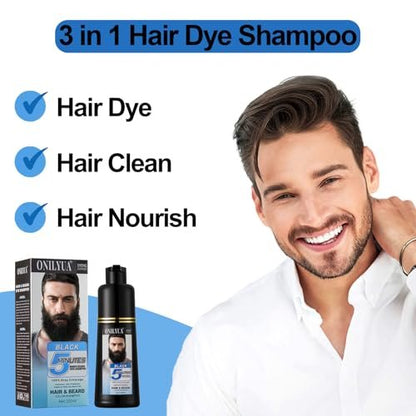 Men's Black Beard Dye - 3 in 1 Hair Dye Shampoo for Gray Hair Coverage | Quick & Easy at Home | Long Lasting 200ML Avelisse