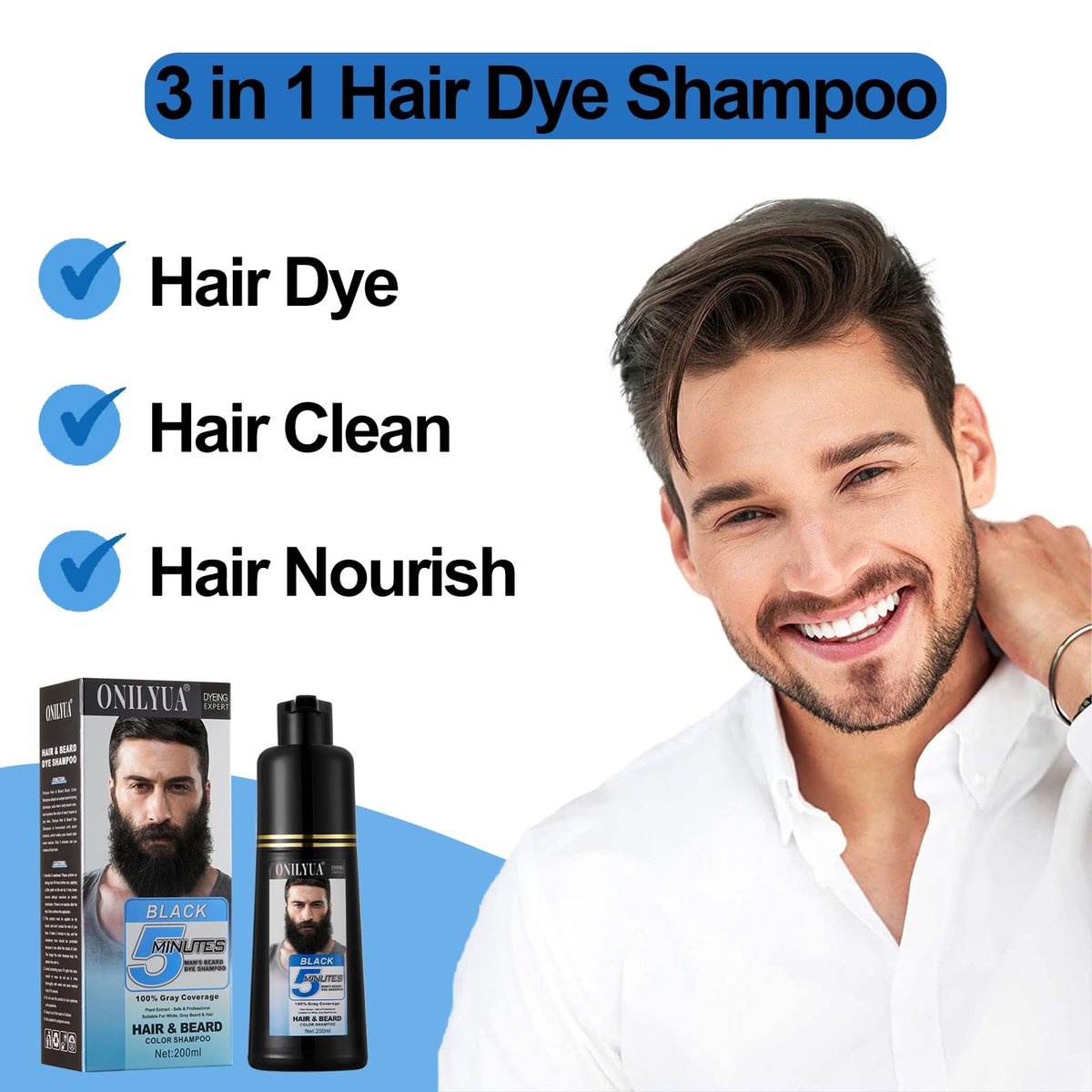 Men's Black Beard Dye - 3 in 1 Hair Dye Shampoo for Gray Hair Coverage | Quick & Easy at Home | Long Lasting 200ML Avelisse