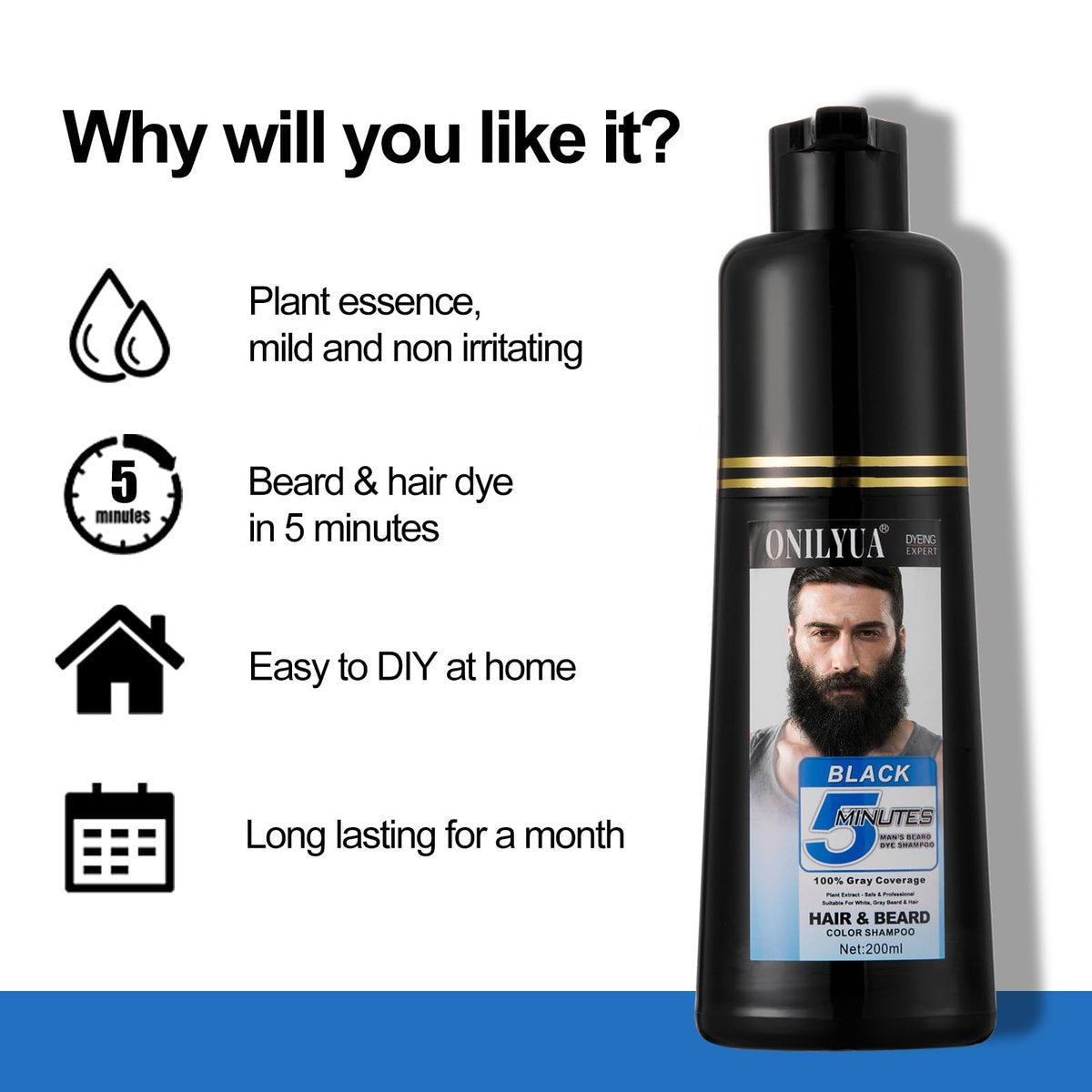 Men's Black Beard Dye - 3 in 1 Hair Dye Shampoo for Gray Hair Coverage | Quick & Easy at Home | Long Lasting 200ML Avelisse