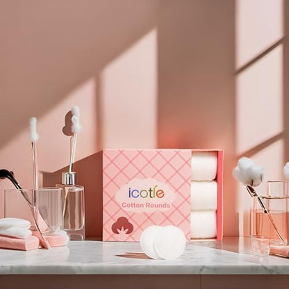 ICOTLE 100% Pure Cotton Round Pads for Face (210 Count) - Lint-Free Makeup Remover Pads, Soft, Absorbent, Hypoallergenic, Multi-Layer Design for Cleansing, Skincare and Nail Polish Removal