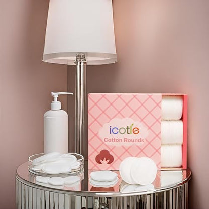 ICOTLE 100% Pure Cotton Round Pads for Face (210 Count) - Lint-Free Makeup Remover Pads, Soft, Absorbent, Hypoallergenic, Multi-Layer Design for Cleansing, Skincare and Nail Polish Removal