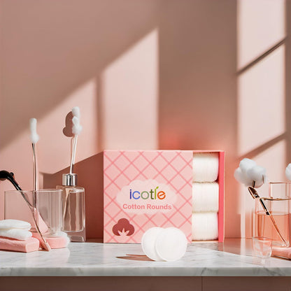 ICOTLE 100% Pure Cotton Round Pads for Face (210 Count) - Lint-Free Makeup Remover Pads, Soft, Absorbent, Hypoallergenic, Multi-Layer Design for Cleansing, Skincare and Nail Polish Removal