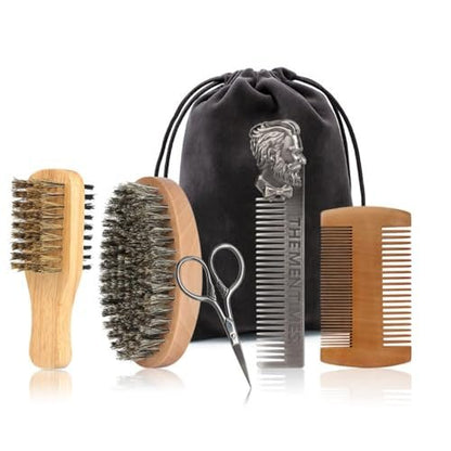 Premium Beard Brush and Comb Set with Mustache Scissors – Natural Boar Bristle & Dual Action Wood Comb for Men's Grooming, Travel Bag Included Avelisse