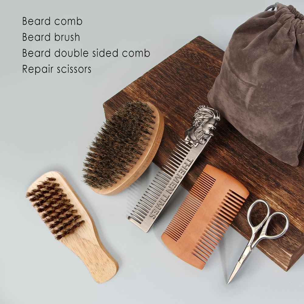 Premium Beard Brush and Comb Set with Mustache Scissors – Natural Boar Bristle & Dual Action Wood Comb for Men's Grooming, Travel Bag Included Avelisse