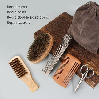 Premium Beard Brush and Comb Set with Mustache Scissors – Natural Boar Bristle & Dual Action Wood Comb for Men's Grooming, Travel Bag Included Avelisse
