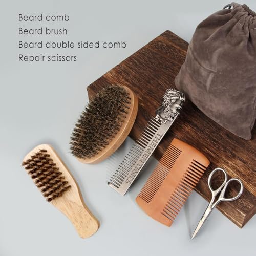 Premium Beard Brush and Comb Set with Mustache Scissors – Natural Boar Bristle & Dual Action Wood Comb for Men's Grooming, Travel Bag Included Avelisse