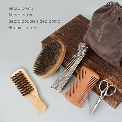 Premium Beard Brush and Comb Set with Mustache Scissors – Natural Boar Bristle & Dual Action Wood Comb for Men's Grooming, Travel Bag Included Avelisse