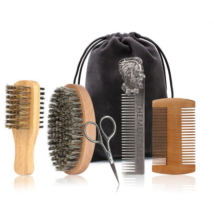 Premium Beard Brush and Comb Set with Mustache Scissors – Natural Boar Bristle & Dual Action Wood Comb for Men's Grooming, Travel Bag Included Avelisse