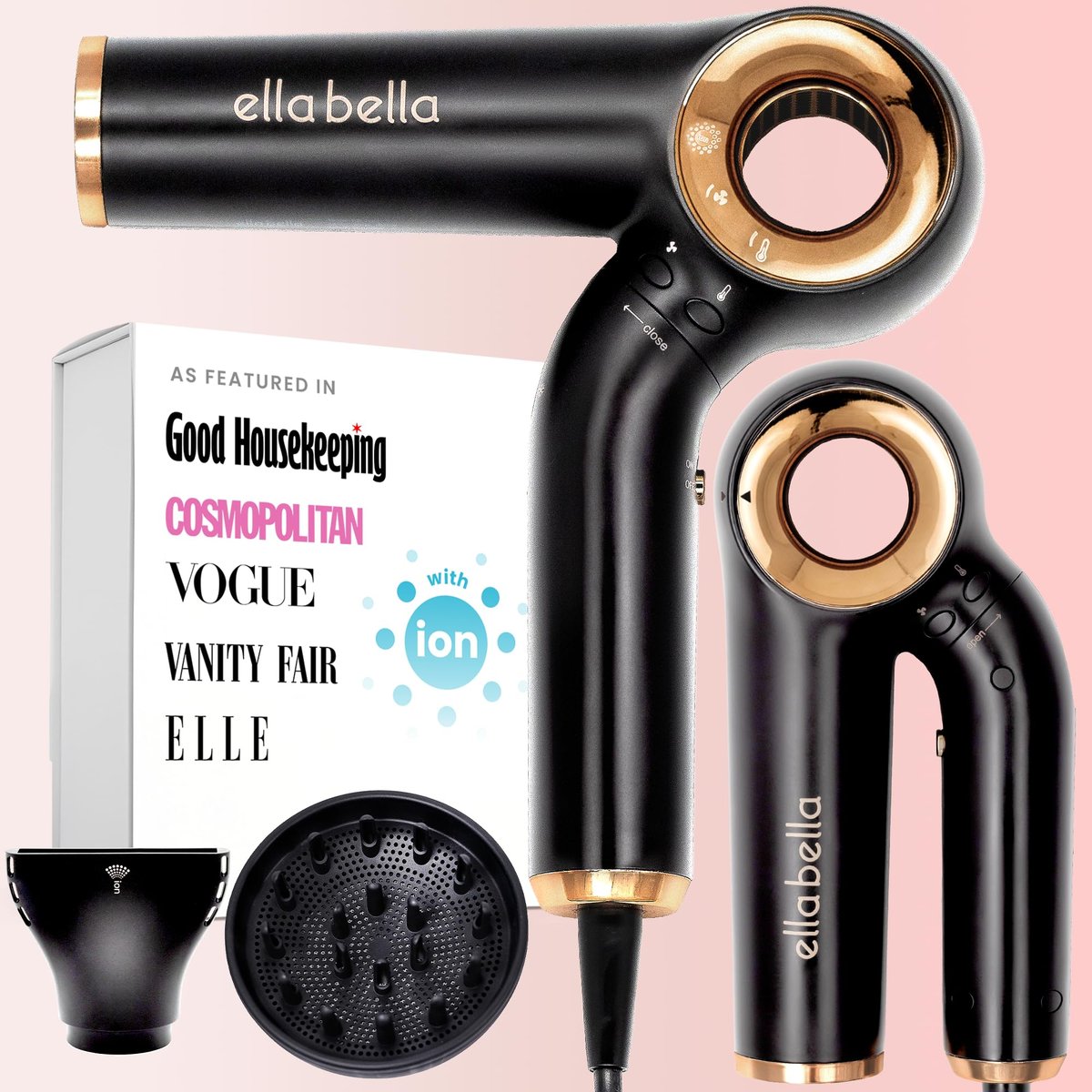 ELLA BELLA Professional Ionic Hair Dryer - Foldable Travel Blow Dryer with Negative Ions, Intelligent Heat Control, Lightweight & Low Noise Avelisse