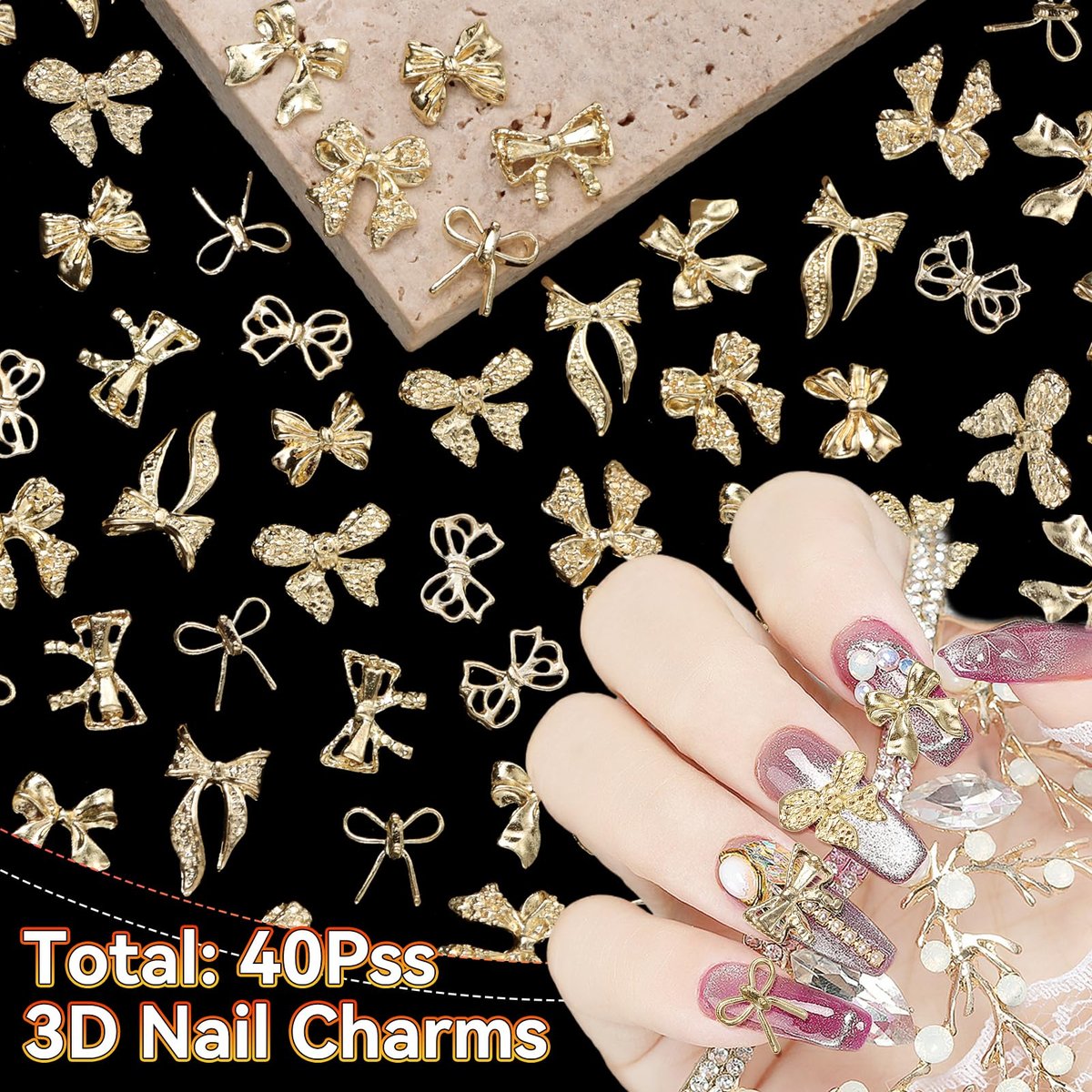 40 Pcs Metal Bows Nail Charms - Alloy 3D Golden Bowknots for Nail Art, Luxury Shiny Bow Tie Nail Gems - görsel 5