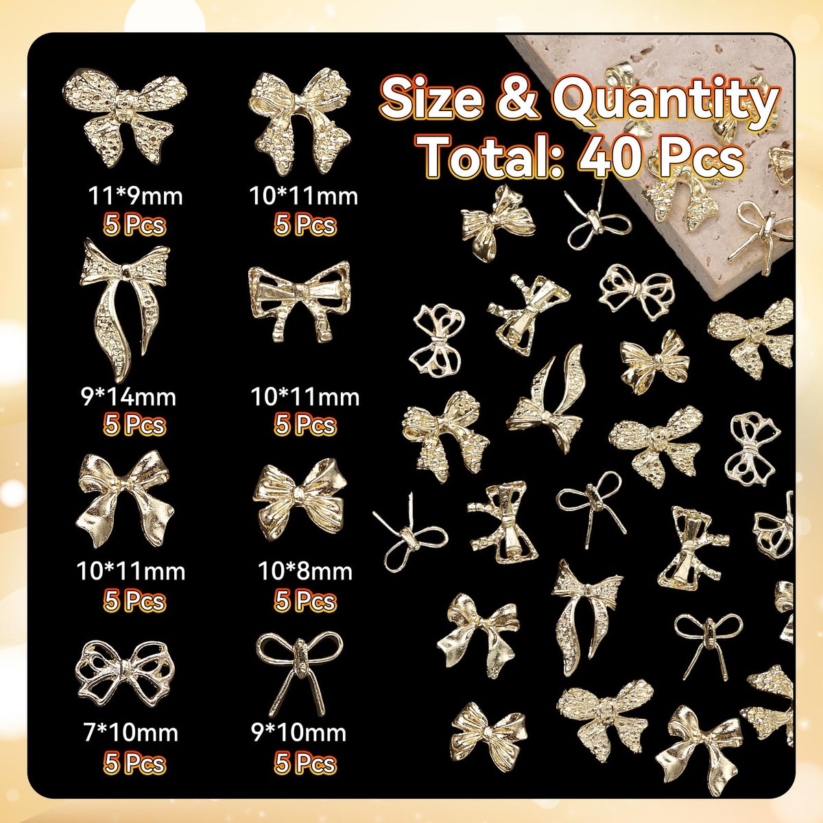 40 Pcs Metal Bows Nail Charms - Alloy 3D Golden Bowknots for Nail Art, Luxury Shiny Bow Tie Nail Gems - görsel 3