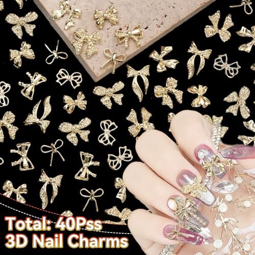 40 Pcs Metal Bows Nail Charms - Alloy 3D Golden Bowknots for Nail Art, Luxury Shiny Bow Tie Nail Gems - görsel 6