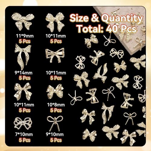 40 Pcs Metal Bows Nail Charms - Alloy 3D Golden Bowknots for Nail Art, Luxury Shiny Bow Tie Nail Gems - görsel 4