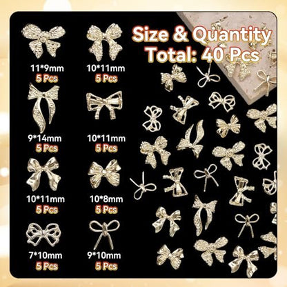 40 Pcs Metal Bows Nail Charms - Alloy 3D Golden Bowknots for Nail Art, Luxury Shiny Bow Tie Nail Gems