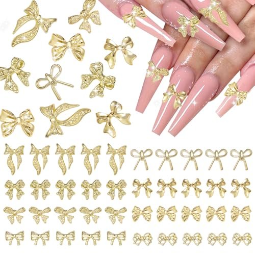 40 Pcs Metal Bows Nail Charms - Alloy 3D Golden Bowknots for Nail Art, Luxury Shiny Bow Tie Nail Gems - görsel 2