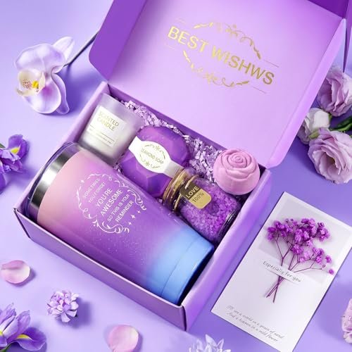 Purple Self Care Spa Gift Basket Set for Women - Birthday, Mother's Day, Thank You Gift for Mom, Wife, Friend, Teacher, Nurse, Coworker Avelisse