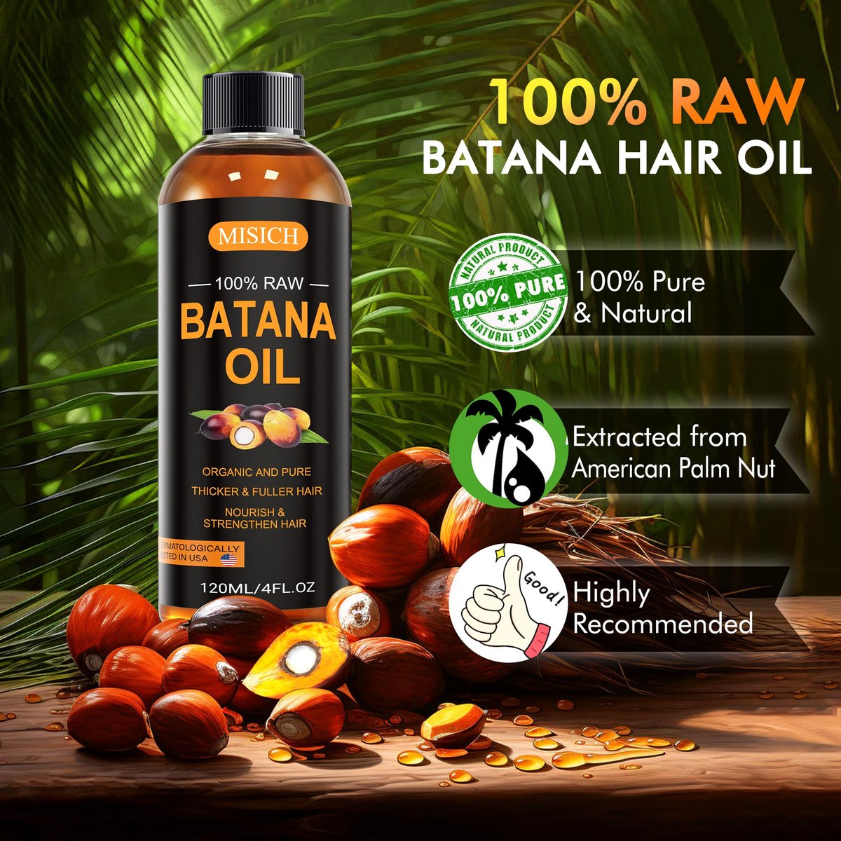 MISICH Raw Batana Oil - 100% Natural Organic Hair Growth Oil for Men & Women, Sourced from Honduras, Pure Unrefined, Enhances Thickness, Prevents Hair Loss, 4 Oz - görsel 3