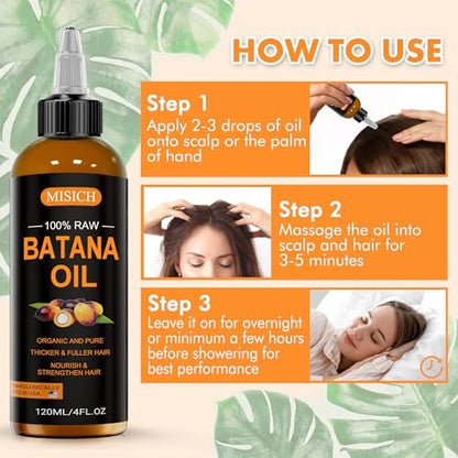 MISICH Raw Batana Oil - 100% Natural Organic Hair Growth Oil for Men & Women, Sourced from Honduras, Pure Unrefined, Enhances Thickness, Prevents Hair Loss, 4 Oz