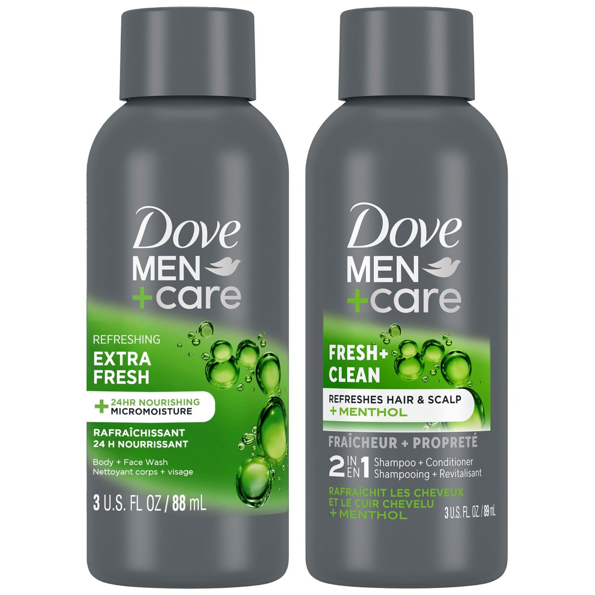 Dove Men+Care Travel Essentials Bundle – Extra Fresh Body & Face Wash & Fresh + Clean 2-in-1 Shampoo, 3 oz Each - görsel 1
