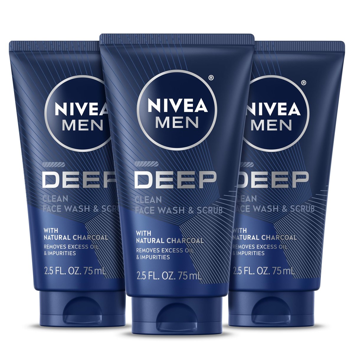 NIVEA MEN Deep Clean Face Wash and Scrub with Natural Charcoal, Exfoliating Face Wash for Men, Removes Excess Oil, Dirt and Impurities, Beard Friendly, 2.5 Fl Oz Tube (Pack of 3) Avelisse