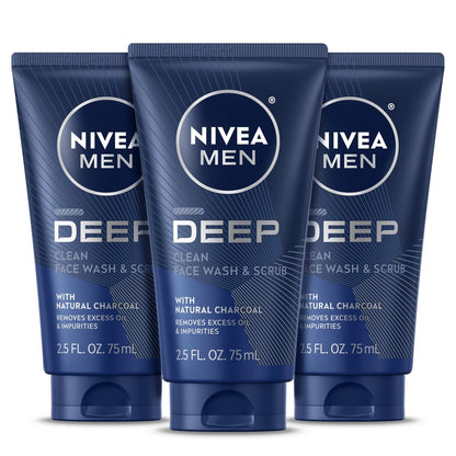 NIVEA MEN Deep Clean Face Wash and Scrub with Natural Charcoal, Exfoliating Face Wash for Men, Removes Excess Oil, Dirt and Impurities, Beard Friendly, 2.5 Fl Oz Tube (Pack of 3) Avelisse